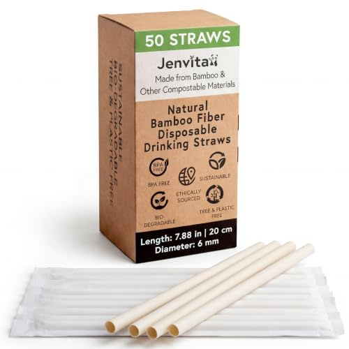 Jenvita Bamboo Powder Biodegradable Straws (50-Pack) - 7.88 Compostable Straws Individually Wrapped | 100% Compostable | Durable & Disposable | Made for Hot & Cold Drinks, Commercial or Home Use