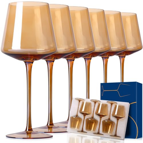 Physkoa Amber Wine Glasses Set of 6-16oz Hand-Blown Crystal Stemmed Red & White Wine Glasses, Unique Colored Glassware for Holiday, Bar & Home Use