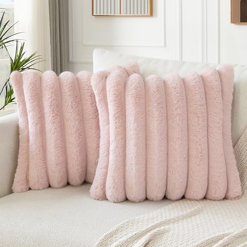 Soleebee 2er Set Plüsch Samt Kissenbezüge, Weiche Künstliche Pelz Kissenbezug Sofa Zierkissenbezüge Dekokissen Kissenhülle Set für Schlafzimmer Zuhause Couch Auto Dekor (60x60cm, Rosa)