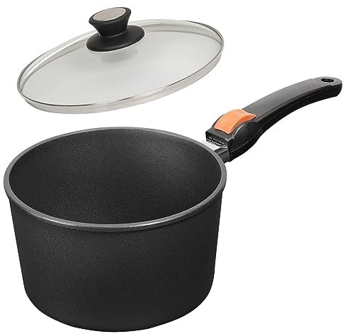 SKK kleine 2-tlg. Stielkasserolle Ø 16 cm - Induktion - hoher beschichteter Saucentopf - Stiel abnehmbar & Deckel mit Edelstahlrand - Made in Germany