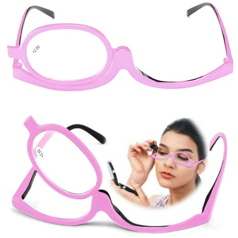 SEMINISMAR Occhiali da lettura per trucco da donna,Occhiali da Trucco Donne portatili rotanti e pieghevoli Ingrandisci,Occhiali per il Make up con Lente Reversibilem,Occhiale Monolente (Rosa, 2.5, x)
