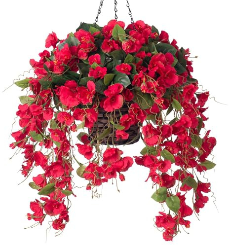HyeFlora Artificial Fake Flowers Plants with Hanging Baskets for Outdoor, Faux Silk Hibiscus Flower in Pot Planter UV Resistant for Home Porch Outside Garden Yard Patio Decoration, Red
