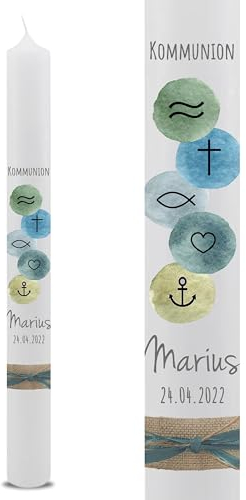 VILLA ROSA LOTTA – Personalisierbare Kommunionkerze Taufkerze „Marius“ mit Wunschdaten und Rückseite | christliche Symbole | 40 cm x 4 cm | für Jungen und Mädchen | Altarkerze elfenbein