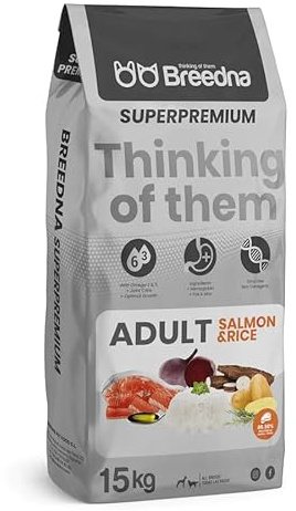 BREEDNA - Adult Salmon&Rice 15kg | Pienso para Perros Adultos con Salmón Deshidratado | Ideal para Actividad Física Normal | Comida para Perros de Salmón para Piel y Pelo Sano y Brillante