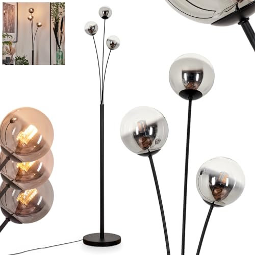 Stehleuchte Bernado, Stehlampe aus Metall/Glas in Schwarz/Rauchfarben/Klar, Leuchte im modernen Retro/Vintage-Design mit Schirmen aus Glas (Ø 10cm), dimmbar über Fußschalter, 3x G9, ohne Leuchtmittel