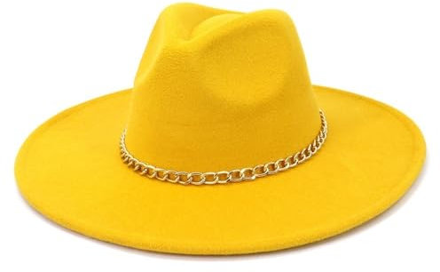 Fengyan Mützen, 9,5 cm breite Krempe, Jazz-Fedora-Hut, britischer Stil, Wolle, solide, klassische Mütze, für Herren und Damen, Panama, Kirche, Filzhut, gelb, 6 7/8-7 1/8