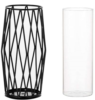 Zylindrische Glasvase mit Metallhalterung für Pampasgras & Blumen, Skandinavisch Inspirierte Vase Deko für Hochzeit Inneneinrichtung - 22 cm Hoch, Schwarz