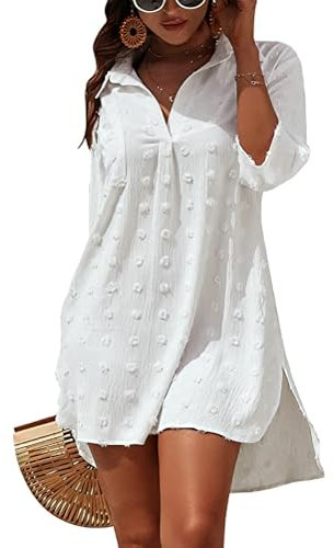 Minicoco Women Beach Cover Up Button Down Shirt Dresses Cotton Shirt Long Beachwear Chiffon Beach Dress Swimsuit Bikini Cover-Up 3/4 Sleeve Beachwear Swiss Dot Tops White