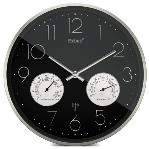 Mebus Funk-Wanduhr mit Thermo- und Hygrometer, lautlos, silberner Rahmen, schwarz, Modell 12988 - Funktional und elegant