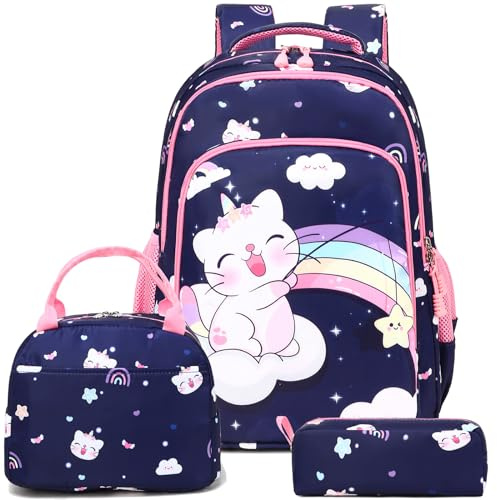 Kimwadalh Mochila Niñas Gato Kawaii Escolar con Set 3 en 1 - Diseño Unicornio Infantil para Primaria - Backpack