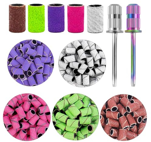 BELICOO Nagelfräser Aufsätze 300 Stück, Schleifkappen Nagelfräser | 80/120/150/180/240 Grit mit 2 Stück Nagelbohrer für Nageldesign Maniküre Nagelpflege