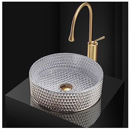 CLRAWSHB 14 Badezimmer-Waschbecken, rundes Waschbecken aus gehärtetem Glas, modernes silbernes Aufsatzwaschbecken für Badezimmer, Hotel(C)
