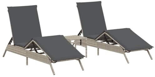 vidaXL Solsängar 2 st med bord ljusgrå konstrotting, solsäng, utomhusdagbädd, trädgårdssäng, solsängar, trädgårdssäng, trädgårdsmöbler, utemöbler
