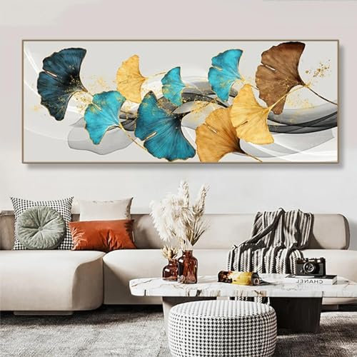 BMGKYAGL Blau Grün Gelb Blattgold Pflanze Blume Leinwand Poster Abstrakte Malerei Wandkunst Druck Nordische Moderne Bilder Wohnzimmer Dekor Gemälde 40x120cm Rahmenlos