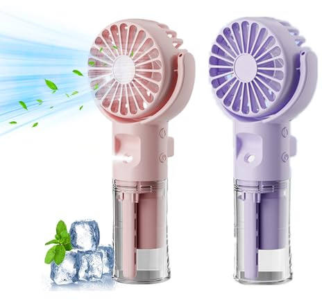 Handventilator Mit Wasser | Tragbarer Handventilator USB Wiederaufladbar | Hand Fan Mit 4 Geschwindigkeiten | 800 MAh Powerbank Batteriebetrieben Max 12 Hrs Runtime Taschenventilator (Rosa+lila)