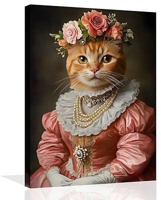 OWNANRTHM Stampa artistica da parete su tela con gatto gotico, per Halloween, ritratto di donna e gatto, arte da parete divertente con immagini di gatti, per soggiorno e camera da letto, con cornice,
