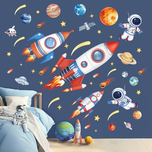 wondever Wandtattoo Raketen Weltraum Wandsticker Planeten Sonnensystem | Abziehen und Aufkleben, Abziehbar, Wandaufkleber Selbstklebend für Kinderzimmer Junge Babyzimmer Jungenzimmer Wanddeko