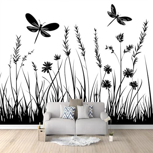 Papier peint intissé Silhouette D'Herbe Végétale Muraux 400 x 280 cm Tapisserie Photo Décoration Murale Salon Chambre Noir