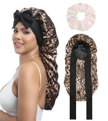 Coubeau Lange Schlafmütze Satin bonnet - Seidenhaube zum Schlafen Nacht Schlaf Mütze Verstellbare Schlafkappe Kopfbedeckung Weiche Kopfhaube Schlafhaube Seide mit Gummizug für Damen und Mädchen