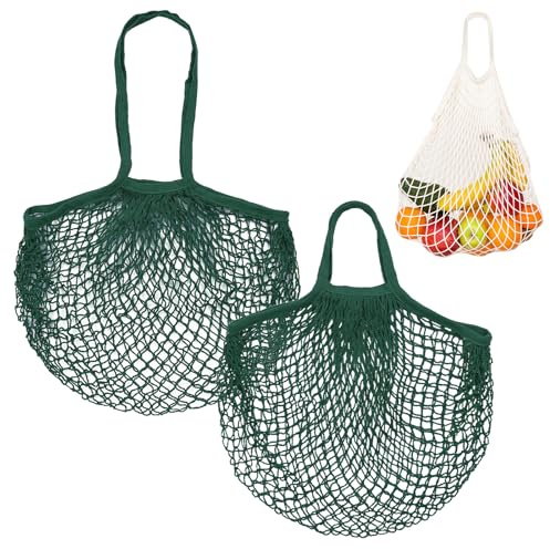 M METERXITY 2-Pack Mesh Bag Cotton Reusable Washable Net, Dark Green | Grocery, Produce, Tote, String, with Handle, Long & Short Handle, for Fruits Shopping
