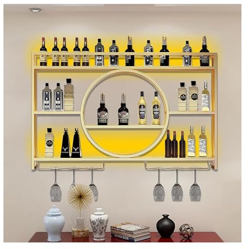 Botellero Con Luz LED Montado En La Pared, Botellero Vino Pared, Estante for Botellas De Vino Montado En La Pared, Soporte for Botellas Montado En Pared for Cocina Bar Vinoteca(Gold,140*15*80)