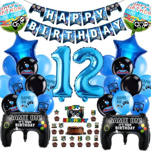 Cadimus Videospiel Geburtstag Deko,Gaming Luftballons 12,Ballons Deko 12 Jahre Junge,Geburtstag 12. Spielthemen Party,XXL Gaming Controller Folienballons,Luftballons Spiel Blau Schwarz