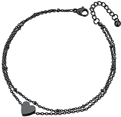 ChainsPro Herz Fußkette für damen Edelstahl Doppelte Fußkettchen Silber/Gold/Schwarz