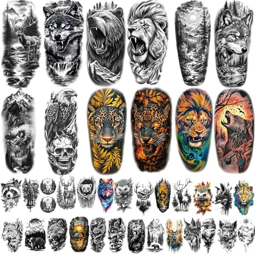 77 Sheets Forest Animals Temporary Tattoo for Women Men, 17 Sheets Half Arm Large Lion Tiger Wolf Fake Tattoos, 60 Sheets Black Skull Owl Bear Tiny for Adult Kids Body Tattoos Stickers Realistic