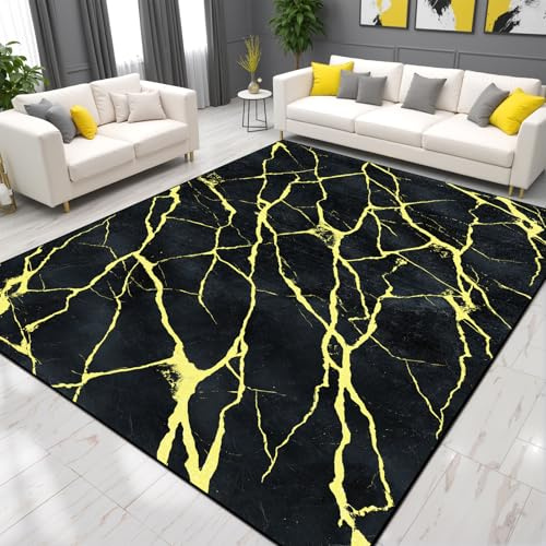 Alishomtll Teppich Wohnzimmer Schlafzimmer Waschbar Kaschmirimitat Anti-Rutsch TPR Unterseite Langlebig Robuster Polyester Teppich Rechteckig Pflegeleicht, Marmor Schwarz Gelb 140x200cm