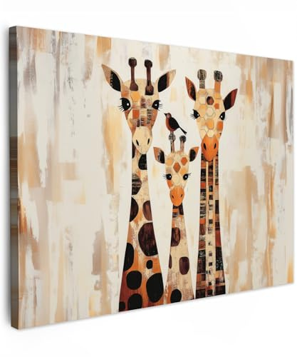 MuchoWow© Leinwandbild Dekoration Wohnzimmer Bilder Pictures Wall | 70x50 cm - Decoration Living Room Wohnungs Deko Moderne Bild Giraffen - Cartoon - Creme