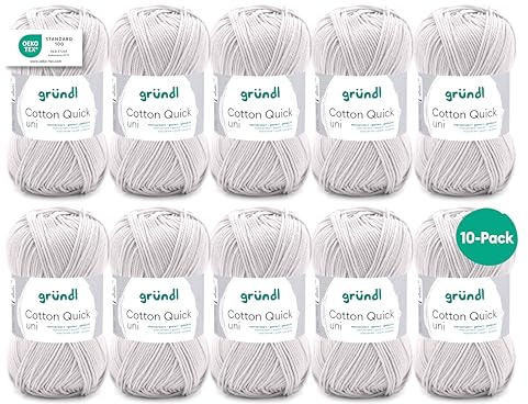 Gründl Wolle Cotton Quick uni Häkelgarn 10 Knäuel 50 g, lichtgrau | dünne Wolle zum Häkeln - Strickgarn - Häkelgarn - Glänzend und hautfreundlich - 100 % Baumwolle - 50 g / 125 m