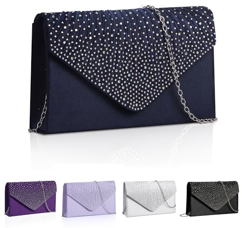 Srvillg Women Clutch Bag, Navy Blue Satin Evening Clutch Bags, Wedding Shoulder Bags Women's Clutches with Detachable Chain Strap for Bride Prom Party Holiday (Navy Blue)