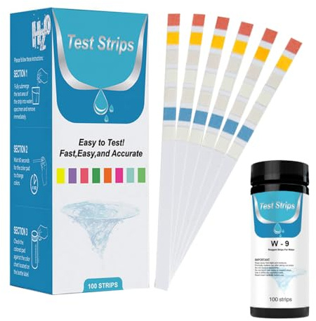 DONGKER 9 in 1 Aquarium Teststreifen, 100 Streifen Aquarium Wassertest zum Testen von Eisen, Kupfer, Nitrat, Nitrit, Chlor, Gesamthärte, Gesamtalkalität, Karbonat, pH