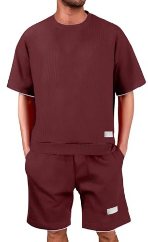 Generisch Tuta Estiva,Set T-Shirt e Pantaloncini,Waffle Tuta da Jogging da Uomo,Maglietta a Maniche Corte + Pantaloni Corti da Jogging,set da 2 pezzi, estiva per il fitness Y2K