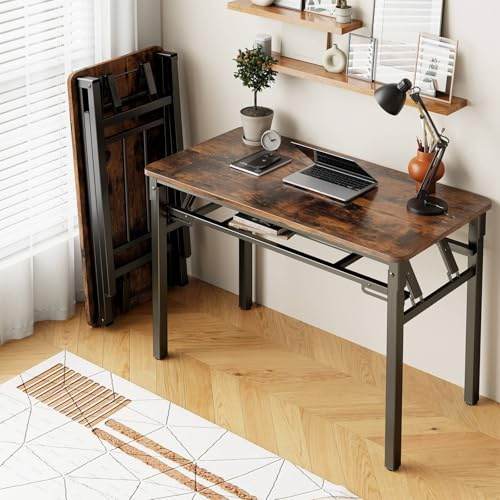 BYMECOST 31.5 inches Folding Desk Small Desk, No Assembly Computer Desk with Storage Shelf, No Install Small Foldable Table for Home Office,Study Table for Small Space (Brown, 31.5)