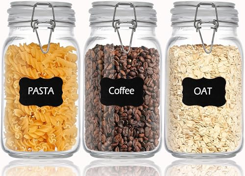 HVOPGEEUAN Clear Food Storage Jars 50oz Square, Airtight Glass Canister with Lids Set of 3, Kitchen & Pantry Organization Food Storage Container for Canning, Sugar, Flour, Candy, Cereal, Coffee