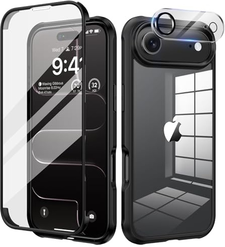 seacosmo för iPhone Air Fodral, [9H HD] Integrerat Härdat Glas Skärm och Kamerafilm 360 Grader Stötsäker Dubbelt Skyddshölje för iPhone 17 Air, Svart