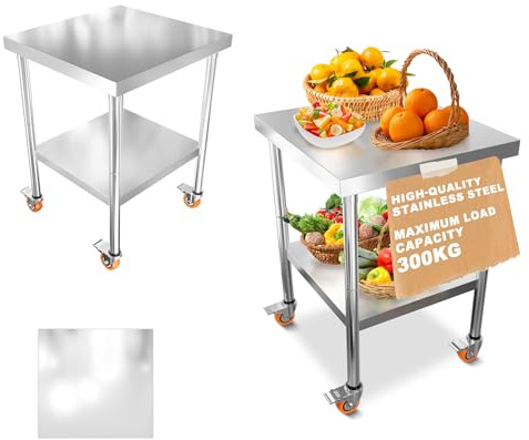 ACXIN Arbetsbord i rostfritt stål S 2 våningar med hjul, kan belastas upp till 300 kg, förberedelsebord, köksbord, hygieniskt och robust, mobil för catering, catering, verkstad, utomhus (61 x 46 x 85