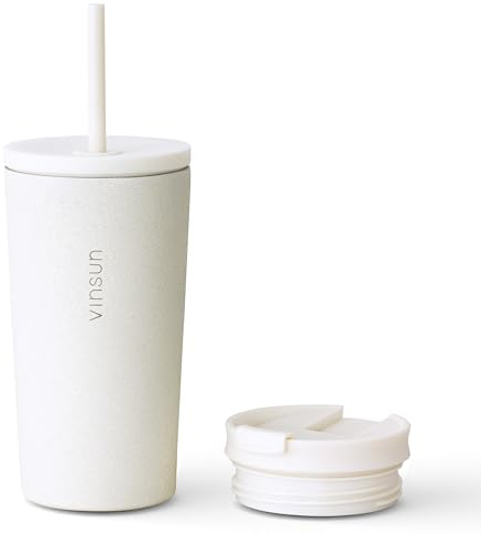VINSUN Vaso Térmico con Pajita 480ml - Acero Inoxidable, a Prueba de Fugas | Doble Pared Aislada, Reutilizable - Taza Térmica con Dos Tapas para Coche