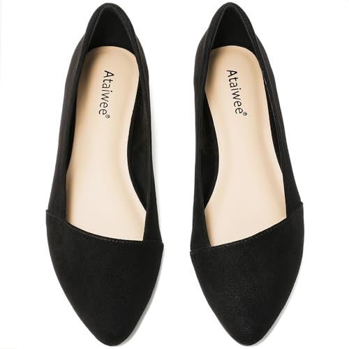 Ataiwee Women's Wide Width Ballet Flats - Pointed Toe Suede Slip-On Office Shoes.(1908076-2402, BK/MF, UK6 Wide)