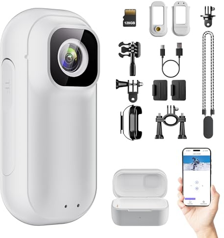 ONKELYIM Mini Caméra Sport 2K WiFi - 128 GB Camera Action, Caméra POV Corporelle avec Cordon Magnétique, Caméra Portable pour Animaux Domestiques, Voyages, Travail, Aventures en Plein Air