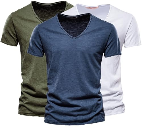 Pack de 3 camisetas monocromáticas para hombre, cuello de pico, transpirable, manga corta, corte regular, camiseta de verano, cuello de pico, corte regular, manga corta, algodón