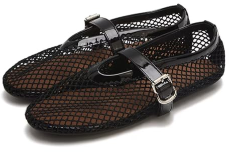 Mesh Ballet Flats for Women - Comfortable Fishnet Ballerina Flats with Buckle Strap, Wide Width Round Toe Shoes for Casual Summer Office Daily Dress & Party