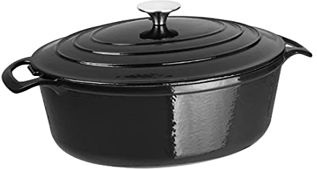 Vogue Cocotte ovale en fonte émaillée avec couvercle, 5 litres, noir, taille : 110 (H) x 243 (L) x 295 (P) mm, compatible induction, usage professionnel et domestique, GH306