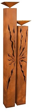 Gartendekoshop24 – Gartendeko Rostsäulen Paar, 125/100 cm, mit Schale und Muster. Handgemachte, dekorative Rost Säulen, Edelrost für den Gartenbereich, oder Innenhof, wetterfest.