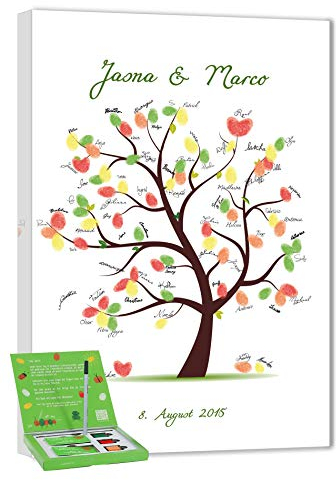 galleryy.net Hochzeitsbaum Fingerabdruck 45x30 mit NAMEN & DATUM - INKL Zubehör-Set (Stempelkissen+Stift+Anleitung+Hochzeitsbuch+...) - Schöner Baum - Hochzeitsbaum Fingerabdruck