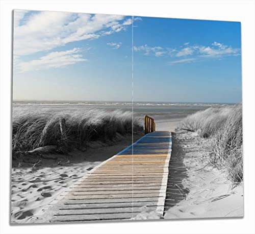 Wallario Herdabdeckplatte/Spritzschutz aus Glas, 2-teilig, 60x52cm, für Ceran- und Induktionsherde, Auf dem Holzweg zum Strand in schwarz-weiß Optik