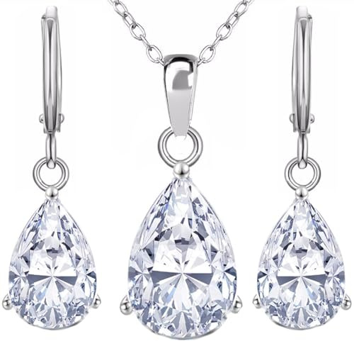 Crystalline Azuria Damen Kostüm Schmuck-Set Hochzeit Schmuck-Set mit Tropfenfürm Halskette und Ohrringe Zirkonia Kristalle Brautjungfer Schmuck