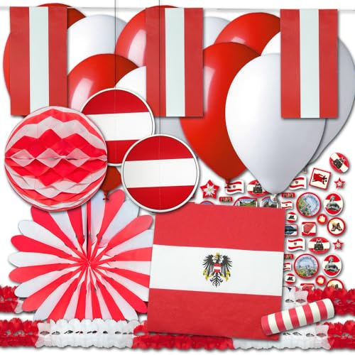 Österreich Flagge Deko Set BASIC - Party Dekoset rot-weiß im Design der österreichischen Fahne, Hängedeko, Luftballons, Girlanden, Tischdeko, Luftschlangen, Servietten für Nationalfeiertag, Mottoparty