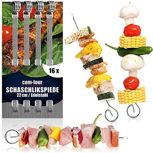 com-four® 16x brochettes de shish kebab 22 cm en acier inoxydable - longues brochettes de viande - brochettes de grillades haut de gamme,barbecue, grill (22cm - 16 pièces)